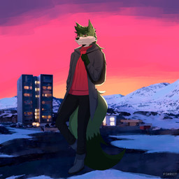 anthro backpack clothing eyewear fur glasses green_body green_fur greenland kalaallit_nunaat mountain fenriet canid canine canis fox hybrid mammal wolf 1:1 absurd_res hi_res