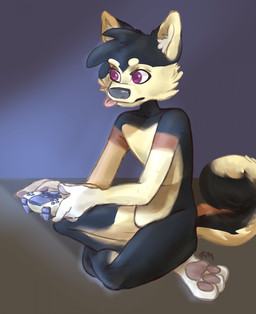 anthro controller ears_up eyebrows eyelashes feet fur game_controller gaming hair holding_object looking_at_another looking_pleasured male paws playing_video_game ps5_controller simple_background smile solo tail tongue tongue_out inventor_(artist) canid canine canis mammal 2020 digital_media_(artwork)