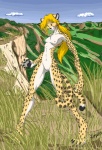 amber_eyes anthro blonde_hair breasts casual_nudity cloud female genitals hair navel nipples nude outside ponytail pussy savanna sky slim small_breasts solo spots tail yamavu cheetah felid feline mammal