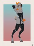 arm_warmers armwear bodily_fluids clothing dipstick_tail front_slit_clothing fur genital_fluids genitals goat_tail gradient_background grey_body grey_fur hands_behind_head hooves horn latex latex_arm_warmers latex_armwear latex_clothing latex_leggings latex_legwear latex_topwear leaking_precum leggings legwear male markings orange_eyes penis precum simple_background solo striped_horn stripes tail tail_markings topwear espressothegoat gusta_(gusta) bovid caprine goat mammal absurd_res hi_res