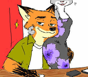 anthro arm_around_neck black_clothing black_dress clothing dress duo female floral_print fur green_eyes grey_body grey_fur hands_on_hips male male/female orange_body orange_fur wide_hips sunnypompom06 disney zootopia judy_hopps nick_wilde canid canine fox lagomorph leporid mammal rabbit red_fox true_fox hi_res