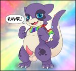 animal_genitalia anthro balls big_tail blue_eyes border countershading dialogue erection genitals kemono kerchief male multicolored_scarf penis purple_body purple_scales rainbow_background rainbow_scarf scales scarf sheath simple_background solo speech_bubble tail tapering_penis text transparent_border xenoyia xenoyia_(character) kobold scalie alpha_channel english_text hi_res