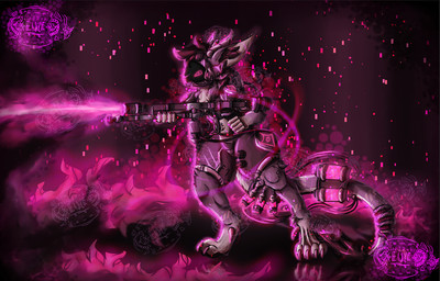 anthro fire flamethrower gun hair machine male pink_eyes pink_hair protogen_armor protogen_face protogen_visor ranged_weapon solo weapon xelhex protogen
