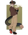 ambiguous_gender anthro barefoot barista beverage bottomwear clothed clothing coffee feet hair heart_symbol pants pawpads paws smile solo stripes sweater topwear turtleneck whiskers jnkyrd felid mammal pantherine snow_leopard hi_res male_(lore)