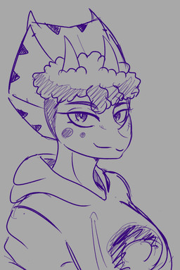 anthro big_breasts breasts clothed clothed_anthro clothed_female clothing eyebrow_through_hair eyebrows facial_horn female frill_(anatomy) grey_background hair hoodie horn looking_at_viewer markings narrowed_eyes non-mammal_breasts purple_eyes purple_hair short_hair simple_background smile solo spots spotted_markings topwear translucent translucent_hair nasu_no_itame98 goodbye_volcano_high ko_op_(game_developer) trish_(gvh) ceratopsian ceratopsid chasmosaurine dinosaur marginocephalian ornithischian prehistoric_species reptile scalie triceratops absurd_res bust_portrait hi_res japanese_description monochrome portrait purple_and_grey