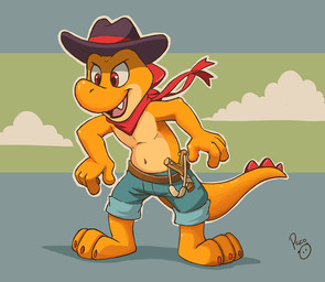 anthro blue_bottomwear blue_clothing blue_shorts bottomwear clothed clothing fangs front_view glistening glistening_eyes hat headgear headwear logo male navel open_mouth open_smile orange_body orange_tail pink_tongue red_eyes shorts smile solo standing tail teeth tongue topless young young_anthro young_male pandapaco dinosaur dromaeosaurid prehistoric_species reptile saurischian scalie theropod artist_logo full-length_portrait portrait signature