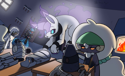 anthro armor blue_body clothed clothing female feral fur group hair hammer horn kerchief male plant tools white_body white_fur sheep_magik fakemon nintendo pokemon evalyn_(kitosnightfall) fan_character kitos_(kitosnightfall) morena_(kitosnightfall) seikyra_(kitosnightfall) absol canid canine canis eeveelution generation_3_pokemon generation_4_pokemon generation_5_pokemon humanoid hybrid mammal pokemon_(species) riolu whimsicott absurd_res digital_media_(artwork) hi_res