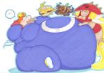 belly breasts date duo feeding female food force_feeding forced inflation male moobs morbidly_obese obese overweight stuffing prisonsuit-rabbitman rayman_(series) ubisoft edith_up rayman humanoid nymph raypeople_(rayman) marker_(artwork) traditional_media_(artwork)