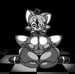 2_tails anthro areola big_breasts black_background black_nose breasts clothing collar crossgender crystal female floor footwear front_view fur genitals grey_areola grey_body grey_clothing grey_footwear grey_fur grey_nipples grey_shoes heart_eyes heart_symbol kneeling looking_at_viewer multi_tail nipples outline plushie shoes simple_background solo stitch_(sewing) tail white_inner_ear mscyan creepypasta eggman_logo sega sonic_the_hedgehog_(series) miles_prower tails_doll canid canine eldritch_abomination fox humanoid mammal monochrome