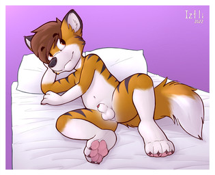4_toes animal_genitalia animal_penis anthro balls bed biped border brown_hair canine_genitalia canine_penis casual_nudity claws eyebrow_through_hair eyebrows feet fur furniture genitals hair male mattress nude on_bed orange_body orange_fur pawpads paws penis penis_tip pillow red_eyes sheath shota small_balls small_penis smile solo striped_body striped_fur stripes text toe_claws toes translucent translucent_hair underpaw white_body white_border white_fur year young young_anthro young_male iztli kiddy_(todeskiddy) canid canine fox mammal 2022 artist_name hi_res
