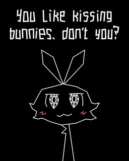 :3 anthro black_background blush blush_lines cheek_tuft chest_tuft ears_up facial_tuft female fur looking_at_viewer looking_forward meme_face noseless pivoted_ears rabbit_ears simple_background smile smiling_at_viewer smirk smug_face solo suggestive_dialogue talking_to_viewer teasing teasing_viewer text tuft unusual_eyes white_body white_fur white_line_art heisenfur boy_kisser_(meme) vib-ribbon vibri lagomorph leporid mammal rabbit 2026 colored_line_art crossover digital_media_(artwork) inkscape_(artwork) meme