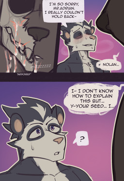 2_panel_comic anthro arm_scar big_muscles big_pecs black_body black_fur bodily_fluids bottomwear clothed clothing cum cum_on_face dialogue duo ellipsis fur genital_fluids genitals huge_muscles huge_pecs humanoid_genitalia humanoid_penis hyper hyper_muscles hyper_pecs imminent_pecjob male male/male muscular muscular_anthro muscular_male nipples nude pants pants_only pecjob pecs penis scar sex size_difference smaller_male smaller_on_top speech_bubble sweaty_pecs text topless king_slabu adrian_(king_slabu) nolan_(king_slabu) american_opossum canid canine canis domestic_dog mammal marsupial virginia_opossum absurd_res comic english_text hi_res