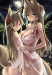 accessory babydoll big_breasts blonde_hair blue_eyes blush breasts brown_hair butt cleavage clothed clothing duo female flower flower_in_hair fox_tail hair hair_accessory long_hair moon night nightgown panties parted_lips plant underwear wet white_clothing white_panties white_underwear konozawa kokonoe_hisagi kokonoe_tsubaki animal_humanoid canid canid_humanoid canine canine_humanoid fox fox_humanoid humanoid mammal mammal_humanoid 2014 hi_res