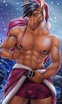 abs accessory anthro armband balls_outline belt biceps black_hair brown_body brown_fur bulge christmas_clothing christmas_headwear clothed clothing detailed_bulge fur genital_outline green_eyes hair hat headband headgear headwear holding_belt holding_object holding_sack holidays looking_at_viewer male muscular muscular_anthro muscular_male nipples outside pecs penis_outline plant pose quads sack santa_hat snow snowing solo standing topless tree triceps underwear banni_art christmas tida equid equine horse mammal 2021 absurd_res hi_res pinup portrait three-quarter_portrait