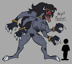 4_arms areola big_breasts big_hair black_hair black_pubes blotchy_areola bracelet breasts claws feet female front_view gloves_(marking) gold_(metal) gold_jewelry grey_areola grey_background grey_body grey_claws grey_horn grey_nipples hair horn jewelry long_hair markings mask multi_arm multi_limb navel necklace nipples nude pubes sharp_teeth simple_background solo teeth text thick_thighs tongue tongue_out wide_hips virus_lewds horned_humanoid humanoid absurd_res english_text hi_res