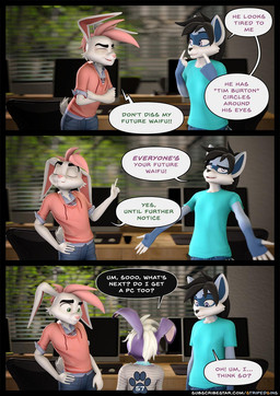 alternative_fashion anthro bedroom_eyes black_hair blue_eyes bottomwear brown_body brown_fur buckteeth clothed clothed_anthro clothed_female clothed_male clothing denim denim_bottomwear denim_clothing dialogue digitigrade duo emo emo_haircut eyes_closed female floppy_ears fully_clothed fully_clothed_anthro fully_clothed_female fully_clothed_male fur green_eyes hair hoodie humor jeans lop_ears male male_anthro narrowed_eyes page_number pants pink_hair purple_body purple_fur sassy seductive shirt size_difference smile smirk t-shirt teal_eyes teeth text topwear white_body white_fur white_hair willitfit striped_sins june_(striped_sins) oliver_(striped_sins) ryder_(striped_sins) lagomorph leporid mammal rabbit 3d_(artwork) comic digital_media_(artwork) english_text hi_res url