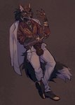 anthro balls belt black_tail bottomwear brown_background brown_balls brown_belt brown_body brown_clothing brown_footwear brown_fur brown_nose brown_penis brown_shoes cheek_tuft clothed clothed_anthro clothed_male clothing coat countershading dipstick_tail facial_piercing facial_tuft footwear fully_clothed fully_clothed_anthro fully_clothed_male fur genitals gold_(metal) gold_jewelry inner_ear_fluff jewelry male male_anthro markings necklace nose_piercing pants penis piercing red_clothing red_shirt red_topwear ring_(jewelry) shirt shoes simple_background small_penis smile solo tail tail_markings tan_body tan_countershading tan_fur tan_inner_ear tan_inner_ear_fluff topwear tuft unzipped unzipped_pants white_bottomwear white_clothing white_coat white_pants white_tail_tip white_topwear zipper strayserval canid canine canis mammal wolf 2025 digital_drawing_(artwork) digital_media_(artwork) full-length_portrait hi_res portrait