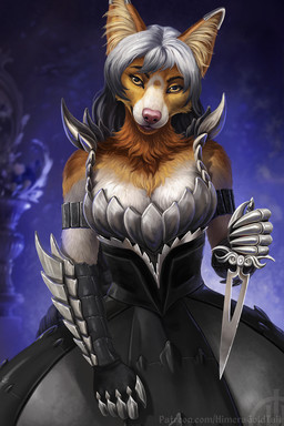 anthro black_clothing clothing dagger eyelashes female female_anthro front_view fur glistening glistening_eyes grey_hair hair holding_dagger holding_melee_weapon holding_object holding_weapon looking_at_viewer melee_weapon mouth_closed multicolored_hair orange_body orange_fur pink_nose solo two_tone_hair weapon white_body white_fur white_hair yellow_eyes himeragoldtail canid canine mammal 2024 2:3 hi_res