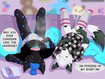 anthro clean_diaper clothed clothing dialogue diaper drugs duo ear_piercing fur hair lying marijuana on_back onesie piercing plushie ring_piercing smoke smoking smoking_marijuana speech_bubble tail text topwear wearing_diaper white_body white_fur dabblefox arctic_fox canid canine felid feline fox lynx mammal true_fox 4:3 digital_media_(artwork) english_text hi_res