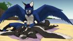 2017 5_fingers anthro black_body black_feathers black_fur black_hair black_nose blue_body blue_eyes blue_feathers blue_fur blue_hair blue_nose canid canine canis detailed_background duo feathered_wings feathers fingers fox fur hair horn hybrid kero_tzuki male mammal nude smile white_body white_feathers white_fur wings wofurie wolf