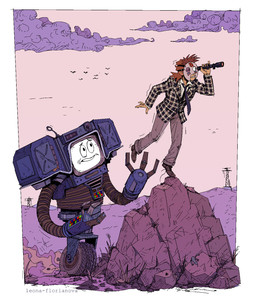 ambiguous_gender balancing balancing_on_foot blue_body bottomwear brown_hair cathode_ray_tube checkered_suit_jacket clothed clothing cloud concern_for_another desert duo fully_clothed grey_bottomwear grey_clothing grey_pants hair hockey_mask holding_object holding_scope looking_at_another machine mask metallic_body new_vegas not_furry outside pants rock scope sports_mask sportswear standing suit text tire transmission_tower wheel leona-florianova fallout microsoft the_courier_(fallout) yes_man_(fallout) human humanoid mammal robot securitron_(fallout) artist_name english_description hi_res