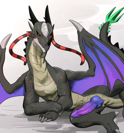 black_body black_horn black_scales black_sclera cheek_spikes claws countershading facial_horn facial_spikes feral genitals grey_body grey_countershading grin horn knot knotted_penis looking_at_viewer lying male male_feral multi_horn nose_horn on_side penis presenting presenting_penis purple_penis purple_wings quadruped red_eyes scales side_view simple_background smile solo spiked_tail spikes spikes_(anatomy) tail white_background wing_claws wings uro0000 mythology dragon mythological_creature mythological_scalie scalie winged_dragon 2024 absurd_res digital_drawing_(artwork) digital_media_(artwork) hi_res shaded soft_shading
