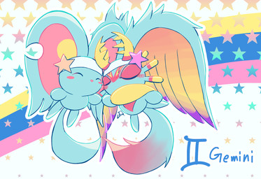 accessory alternate_form ambiguous_gender antlers big_ears biped bipedal_feral blush blush_lines blush_stickers chest_tuft countershading dipstick_tail duo eyes_closed feral fluffy fluffy_tail fur happy head_wings headband horn markings mouthless multicolored_body multicolored_fur neck_tuft pattern_background pink_body pink_fur simple_background star-shaped_background tail tail_markings tan_body tan_fur teal_body teal_fur text tuft unusual_wing_placement white_background wings zodiac_sign zodiac_symbol sanntappe kirby_(series) nintendo elfilin fecto_elfilis alien chinchilla chinchillid mammal rodent starling_(kirby) digital_drawing_(artwork) digital_media_(artwork) english_text hi_res signature male_(lore)