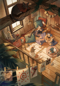 all_fours ambiguous_gender asian_clothing ball barefoot beach_ball box cardboard cardboard_box clothed clothed_feral clothing container detailed_background east_asian_clothing feet feral floor group hat headgear headwear high-angle_view inflatable inside melee_weapon sleeping smile sword tail wall_(structure) weapon window wood wood_floor wood_wall tsubonari animal_humanoid cat_humanoid domestic_cat felid felid_humanoid feline feline_humanoid felis humanoid mammal mammal_humanoid 2022 digital_media_(artwork) female_(lore)
