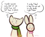 :3 anthro blush blush_stickers bow_(feature) bow_tie duo female humor inner_monologue male male/female scarf simple_background smile species_in_inner_monologue standing text thinking thought_bubble white_background panken there_she_is doki nabi domestic_cat felid feline felis lagomorph leporid mammal rabbit english_text