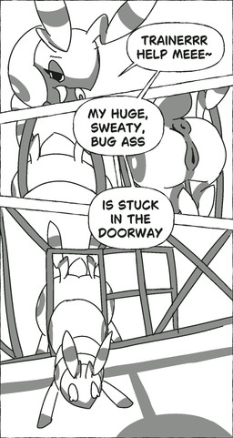 animal_genitalia animal_vulva anus butt dialogue equine_genitalia equine_vulva female feral genitals humor presenting presenting_hindquarters solo stuck_in_door text vulva muzzzzz nintendo pokemon generation_5_pokemon pokemon_(species) scolipede comic english_text greyscale hi_res monochrome