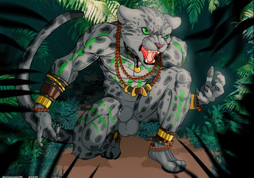 animal_genitalia anthro aroused balls bodily_fluids bodypaint forest genital_fluids genitals jewelry jungle male nude plant precum sheath solo tree tribal furryscorpion90 felid feline leopard mammal pantherine