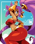 blue_eyes breasts brown_body brown_skin clothing ear_piercing ear_ring female hair heart_symbol humanoid_pointy_ears long_hair not_furry piercing ponytail pose purple_hair ring_piercing smile solo teeth legendofnerd shantae_(series) wayforward shantae genie humanoid 4:5 digital_media_(artwork) pixel_(artwork) signature