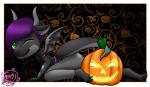 anthro black_clothing black_shirt black_topwear bottomwear clothing decorative digitigrade food fruit green_eyes hair holidays horn jack-o'-lantern male pants plant pumpkin purple_hair scales shirt short_hair solo tail topwear wings medicatedcannibal halloween mythology seren_duskflare dragon mythological_creature mythological_scalie scalie 2017 digital_media_(artwork)