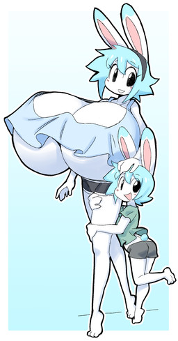 anthro big_breasts black_eyes blue_hair bottomwear breasts clothing dipstick_ears duo ear_markings female hair huge_breasts looking_at_viewer male markings multicolored_ears open_mouth shirt shorts shota topwear under_boob young young_anthro young_male angstrom marco_(angstrom) molly_(angstrom) lagomorph leporid mammal rabbit hi_res brother_(lore) brother_and_sister_(lore) sibling_(lore) sister_(lore)