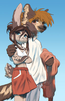anthro blush bottomwear bra brown_hair claws clothing crossed_arms ear_piercing female hair hand_on_shoulder male orange_hair piercing romantic romantic_couple shirt shorts smile sports_bra topwear underwear white_clothing white_shirt white_topwear hophwind crafty_(shadycrafts) vanny_(shadycrafts) hyena lagomorph leporid mammal rabbit absurd_res hi_res