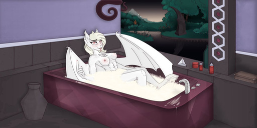 abs albino anthro bat_wings bath bathroom blonde_hair bodily_fluids breasts cum cum_bath cum_on_face female fur genital_fluids hair hooves membrane_(anatomy) membranous_wings nipples pink_eyes solo white_body white_fur white_hair wings friendship_is_magic hasbro my_little_pony albi_light_wing bat_pony equid equine horse mammal pony