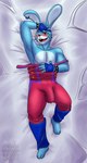 anthro blue_body blue_clothing blue_ear_ring blue_fur blush bodily_fluids bulge clothing fur male red_clothing red_eyes solo spikes sweat kyot092 five_nights_at_freddy's five_nights_at_freddy's:_security_breach scottgames steel_wool_studios glamrock_bonnie_(fnaf) lagomorph leporid mammal rabbit absurd_res hi_res