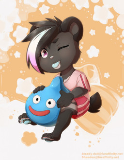 anthro blue_pawpads blue_tongue bottomwear clothing eyelashes femboy fur hair male multicolored_body multicolored_fur multicolored_hair one_eye_closed pawpads pink_eyes shirt short_ears short_tail shorts slime solo tail tongue tongue_out topwear wink young blacky-doll shaoden dragon_quest square_enix bjorn_(glazie) bear mammal slime_(dragon_quest) hi_res