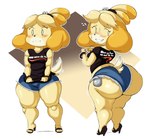 anthro big_butt blonde_hair blush bottomwear breasts butt clothed clothing daisy_dukes denim denim_bottomwear denim_clothing denim_shorts female footwear front_and_back fully_clothed hair high_heels hotpants huge_butt huge_hips looking_back medium_breasts nervous pear-shaped_figure pulling_shirt_down shirt shoes short_stack shorts simple_background solo standing suggestive_topwear text text_on_clothing text_on_topwear thick_calves thick_thighs topwear white_background wide_hips yellow_body purple_yoshi_draws animal_crossing nintendo isabelle_(animal_crossing) canid canine canis domestic_dog mammal shih_tzu toy_dog absurd_res digital_media_(artwork) hi_res