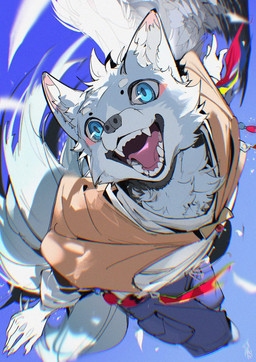 1_wing 5_fingers anthro back_wings biped blue_background blue_body blue_bottomwear blue_clothing blue_eyes blue_fur blue_pupils bottomwear brown_clothing brown_topwear clothed clothed_anthro clothed_male clothing fangs feathers fingers front_view fully_clothed fully_clothed_anthro fully_clothed_male fur inner_ear_fluff looking_at_viewer male multicolored_body multicolored_fur open_mouth open_smile pink_inner_ear pink_tongue pupils ringed_iris simple_background smile smiling_at_viewer snout solo spread_wings tail teeth tongue tongue_showing topwear tuft two_tone_body two_tone_fur white_body white_clothing white_feathers white_fur white_inner_ear_fluff white_sclera white_topwear wings chiayeeee canid mammal 2026 chromatic_aberration digital_drawing_(artwork) digital_media_(artwork) hi_res portrait three-quarter_portrait