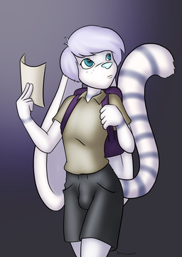 anthro backpack bottomwear clothed clothing floppy_ears hair holding_object holding_paper long_ears male markings paper ring_(marking) ringed_tail shirt short_hair shorts simple_background solo standing striped_markings striped_tail stripes tail tail_markings topwear white_body white_hair danaume domestic_cat felid feline felis hybrid lagomorph leporid mammal rabbit hi_res