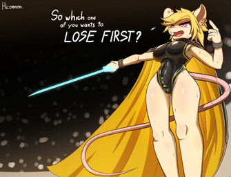 anthro cape clothing female latex latex_clothing latex_skinsuit leotard melee_weapon pose skinsuit solo sword text tight_clothing weapon hiconnen pawkaf mammal mouse murid murine rodent english_text hi_res