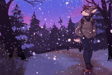 anthro bottomwear clothing detailed_background fence forest forest_background hoodie male nature nature_background pants plant snow snowing solo topwear tree walking merlinmakes cake_(pointeightcake) deer mammal new_world_deer reindeer hi_res