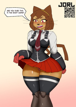 accessory anthro bottomwear brown_hair cat_tail clothed clothing clothing_lift cosplay feline_ears female fur hair leopard_print_thong necktie purple_eyes qr_code red_bottomwear red_clothing red_skirt school_uniform skirt skirt_lift solo tan_body tan_fur text thick_thighs uniform whiskers jorl bible_black gameoverse glitch_productions kit_bodega domestic_cat felid feline felis mammal artist_name english_text