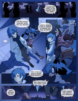 age_difference anthro blue_hair bodily_fluids bottomwear bra bracelet breasts building city cleavage clothed clothing coat dialogue dipstick_tail duo duo_focus ellipsis facial_markings fangs female footwear gloves_(marking) group hair hands_in_both_pockets head_markings jewelry leg_markings looking_at_another male markings mask_(marking) medium_breasts midriff navel necklace night older_human older_male open_mouth open_smile outside oversized_clothing oversized_shirt oversized_topwear pants raised_arms shirt shoes shorts smile sneakers socks_(marking) speech_bubble sweat tail tail_markings talking_to_another tank_top teeth text topwear underwear walking younger_anthro younger_female high5art brand_new_animal studio_trigger michiru_kagemori shirou_ogami canid canine human mammal raccoon_dog tanuki 2024 absurd_res comic digital_drawing_(artwork) digital_media_(artwork) english_text hi_res