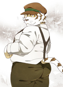 anthro belly bottomwear butt clothing hat headgear headwear kemono male overweight overweight_male pants shirt solo suspenders topwear white_body yellow_eyes nikiciy felid mammal pantherine tiger 2015