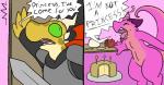 anthro cake cape clothing dessert female food green_eyes hat headgear headwear horn knight melee_weapon nude open_mouth party_hat solo sword text warrior weapon trout_(artist) sir_squiggles spaffy kobold reptile scalie 2016 aliasing comic digital_media_(artwork)