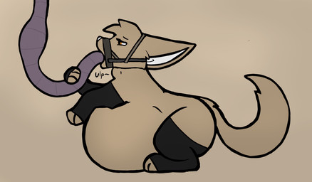 arm_warmers armwear brown_body brown_fur clothing female feral force_feeding forced fur hose hose_inflation inflation leg_warmers legwear muzzle_(object) orange_eyes solo text sketchygenet canid canine fennec_fox fox mammal true_fox