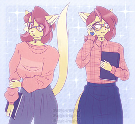 ambiguous_gender anthro blouse book bottomwear cheek_tuft choker clothing ear_piercing eyewear facial_tuft fluffy fluffy_tail freckled_face freckles glasses heart_nose heart_symbol highlights_(coloring) jewelry necklace nerd pants pattern_clothing pattern_topwear pawpads piercing plaid plaid_clothing plaid_topwear pleated_skirt pose skirt solo standing sweater tail topwear tuft wearing_glasses angie_imagines jasper_(angie_imagines) domestic_cat felid feline felis mammal hi_res nonbinary_(lore)