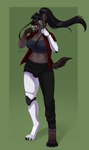 anthro biped black_bottomwear black_clothing black_hair black_pants bottomwear breasts brown_body brown_fur bulge clothing crop_top fist fists_clenched flannel_shirt fur green_eyes grey_clothing grey_shirt grey_topwear gynomorph gynomorph_anthro hair intersex intersex_anthro long_hair pants ponytail red_clothing red_shirt red_topwear robot_leg robotic_arm shirt simple_background solo spots standing tail teeth tongue tongue_out topwear valerayu veronica_(brainteaserv) hyena mammal spotted_hyena 2024 absurd_res hi_res